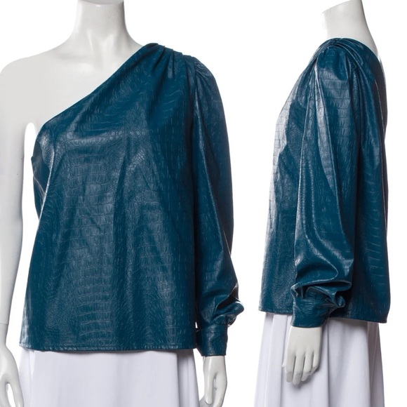 Vanessa Scott Elegant Teal One-Shoulder Faux Leather Women's Top Size Large - Picture 1 of 6